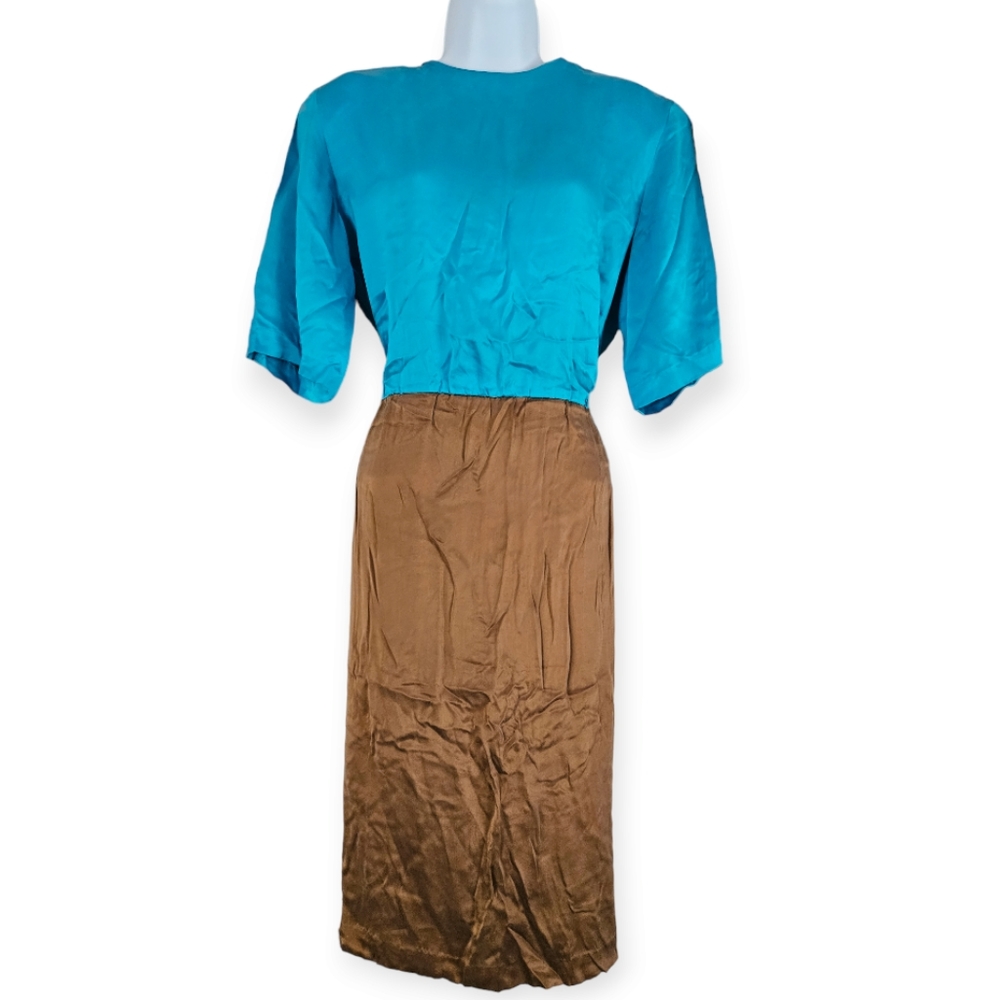Vintage Chaus blue & brown silk colorblock blouson dress Womens 10